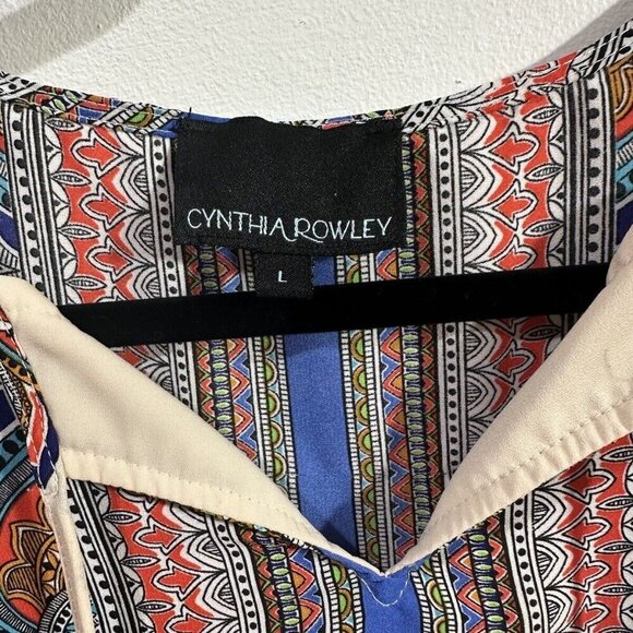 CYNTHIA ROWLEY Women Multi Print Chiffon Keyhole Tie at Neck Sleeveless Tunic L - Picture 3 of 7